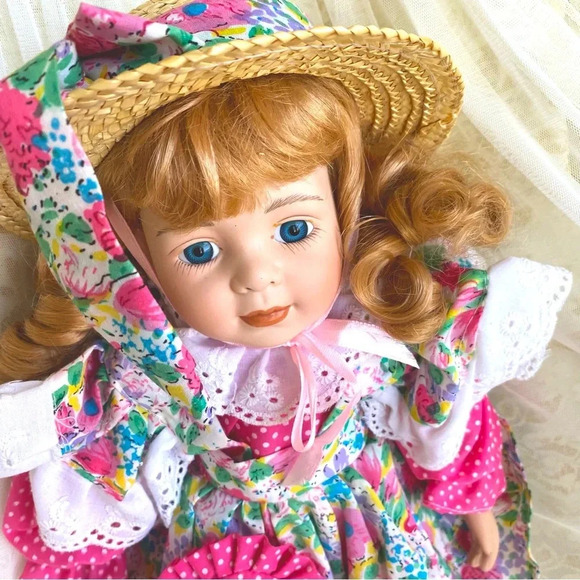 Porcelain Collectible Girl Doll with Colorful Dress & Matching Straw Hat 17" - Picture 7 of 8